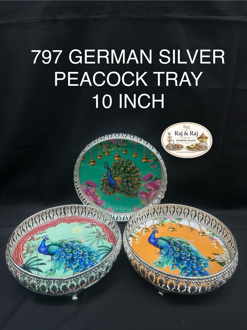 797 German Silver Peacock Tray 10 Inch