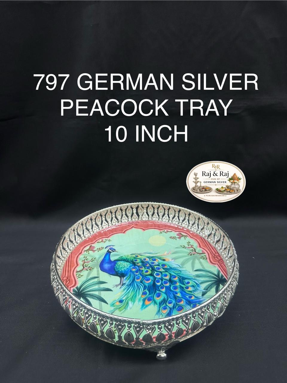 797 German Silver Peacock Tray 10 Inch