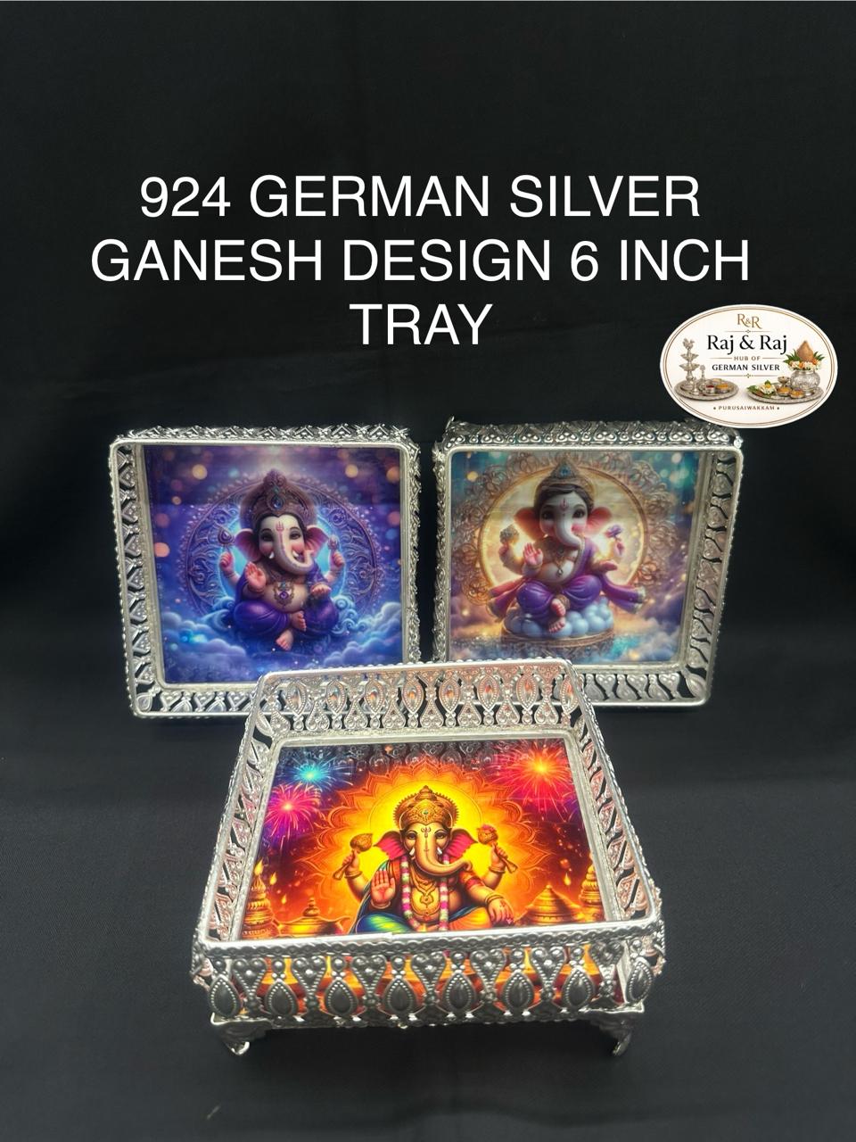 924 German Silver Ganesh Design 6 Inch Tray (Square)