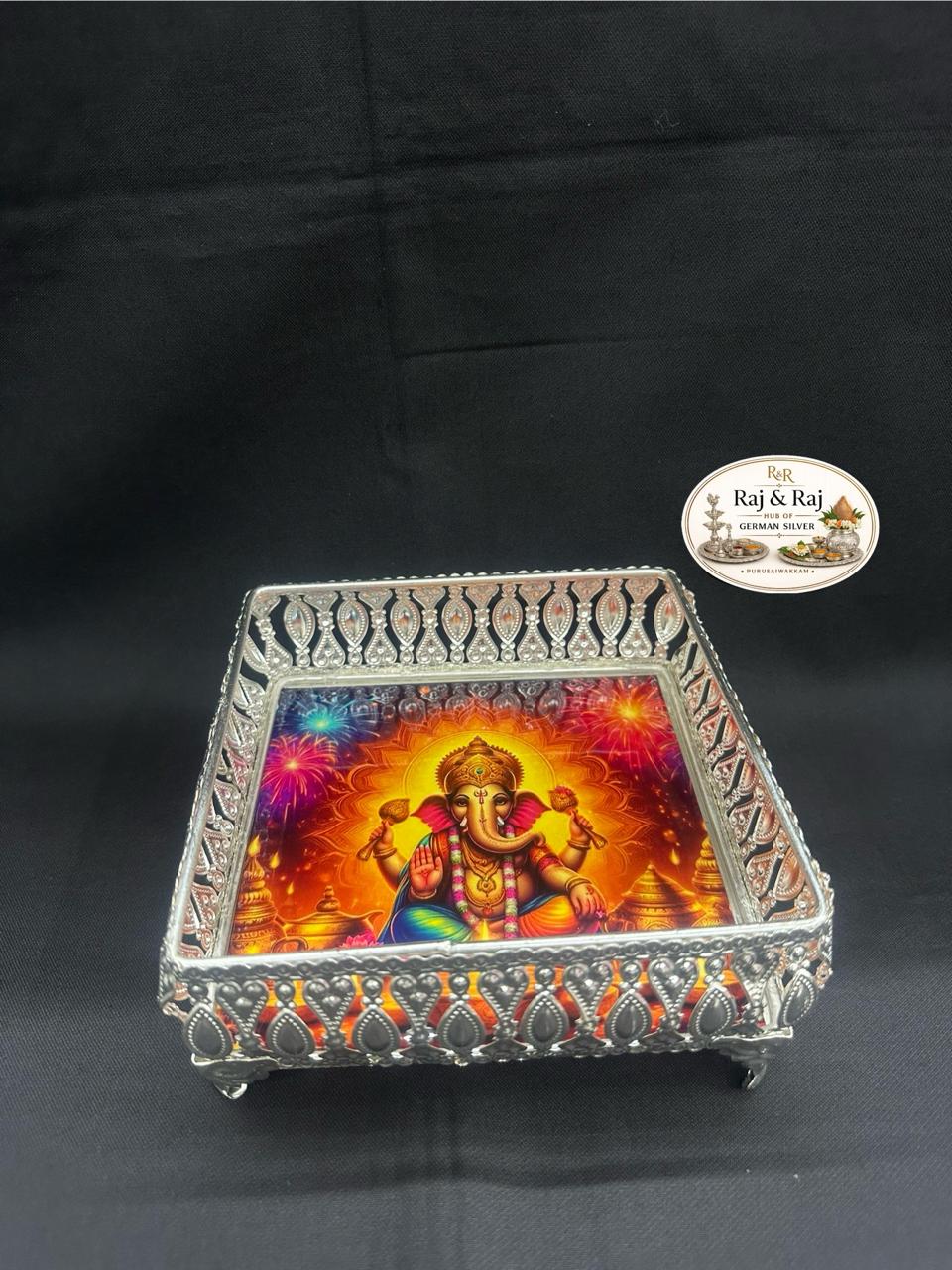 924 German Silver Ganesh Design 6 Inch Tray (Square)