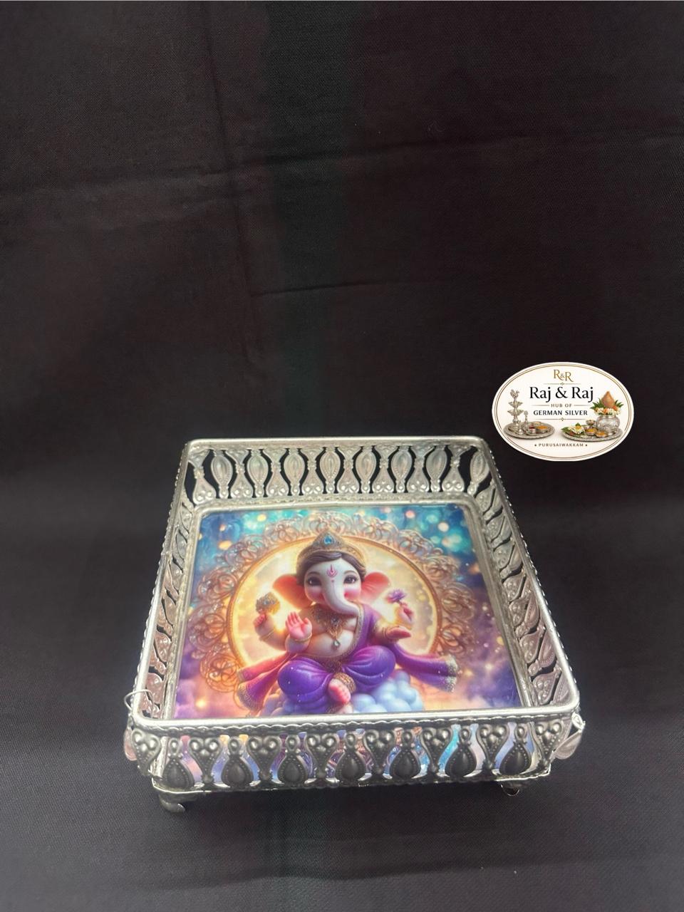 924 German Silver Ganesh Design 6 Inch Tray (Square)