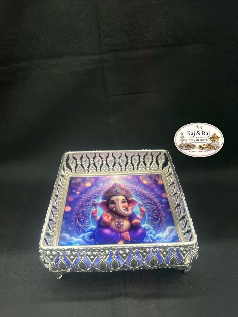 924 German Silver Ganesh Design 6 Inch Tray (Square)