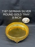 7187 German Silver Round Gold Tray 9 Inch