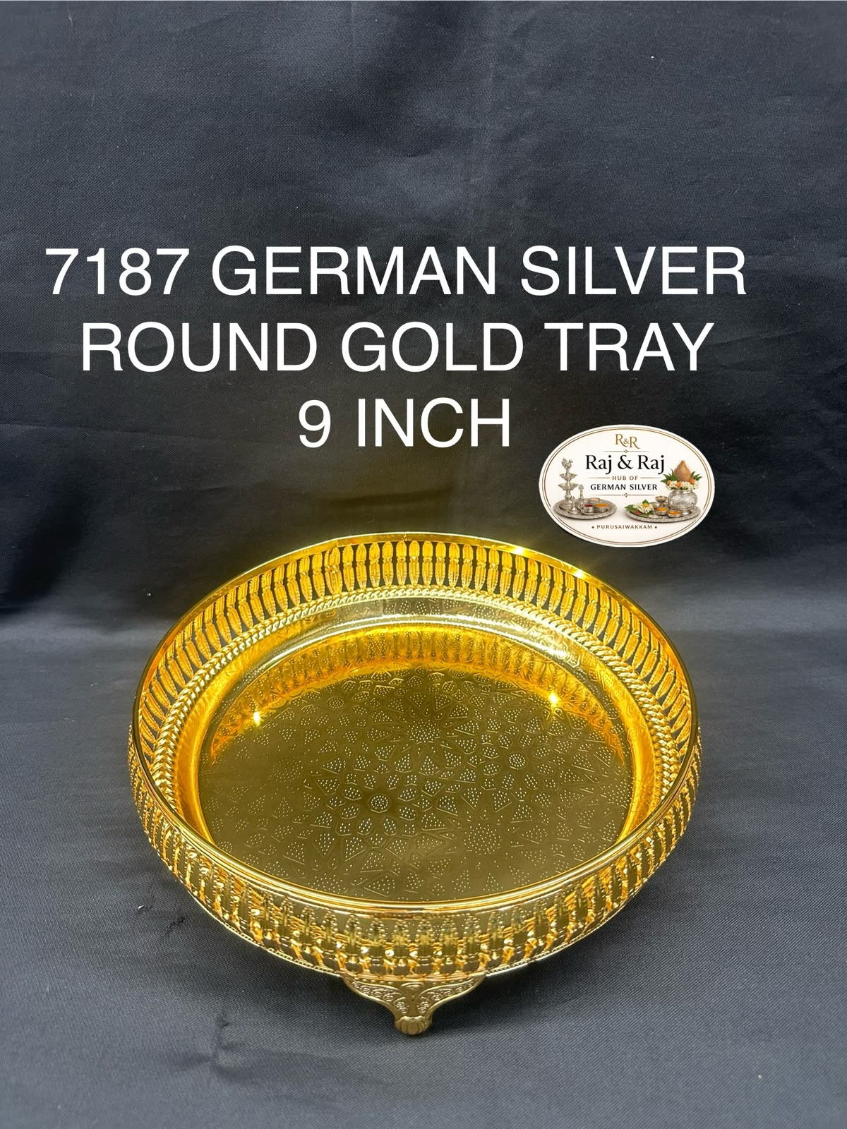 7187 German Silver Round Gold Tray 9 Inch