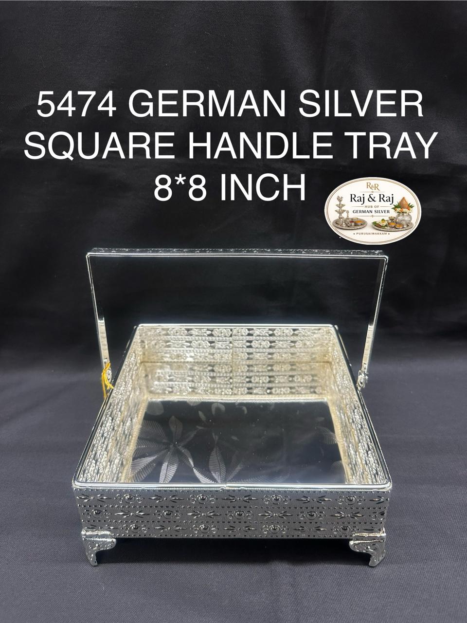 5474 German Silver Square Handle 8*8 Inch Tray