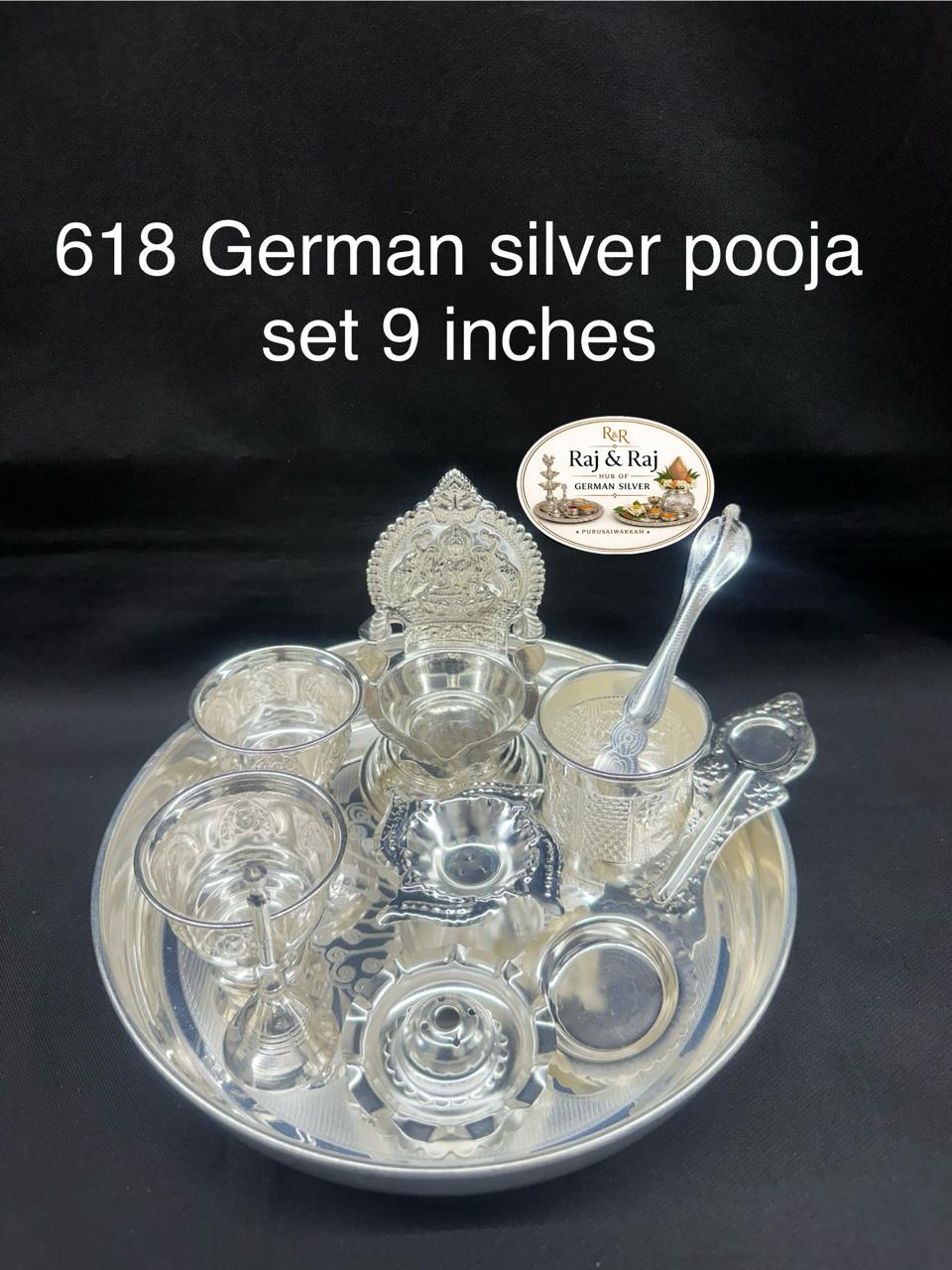 German Silver 10-Piece Pooja Set – 9 Inch | Complete Puja Kit