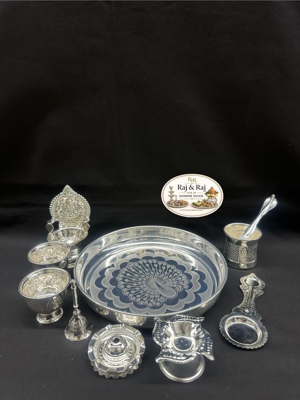 German Silver 10-Piece Pooja Set – 9 Inch | Complete Puja Kit